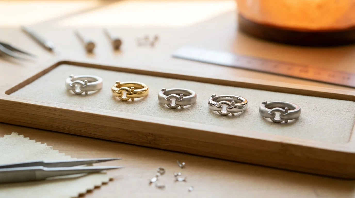 One tray holding the same piece made in sterling, 18K yellow, nickel white, palladium white and platinum 950