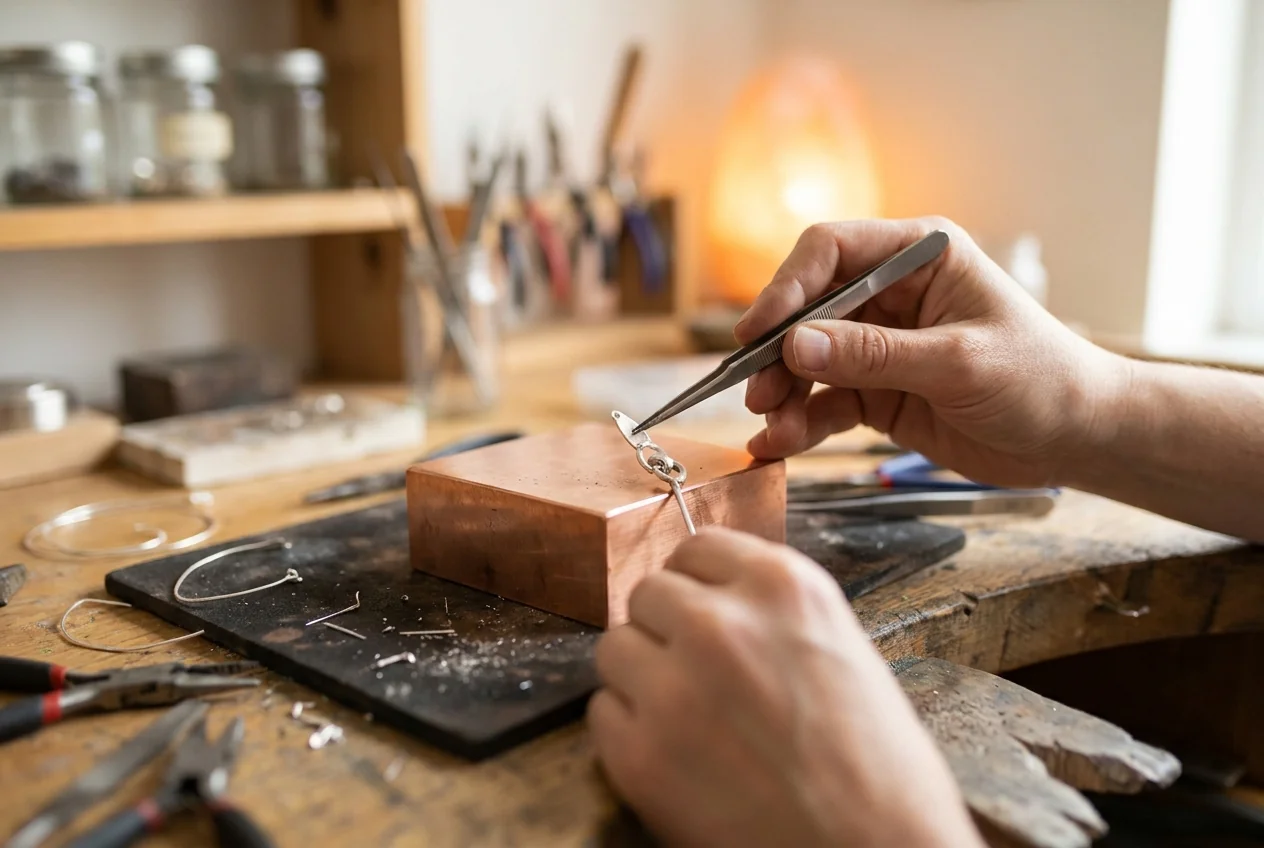 A silver piece held lightly with the joint presented up and the mass of the piece out of contact