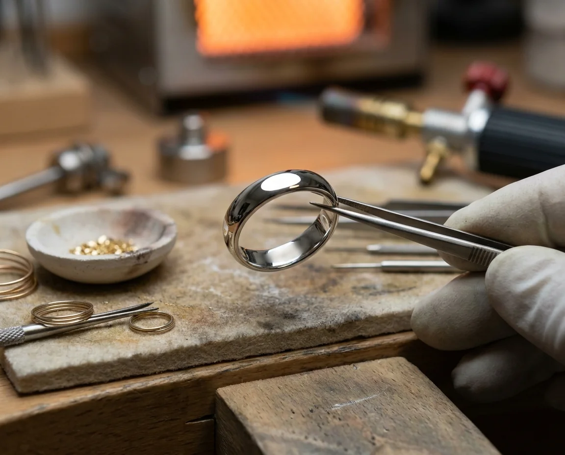 A white gold piece back from re-plating with the repair no longer readable