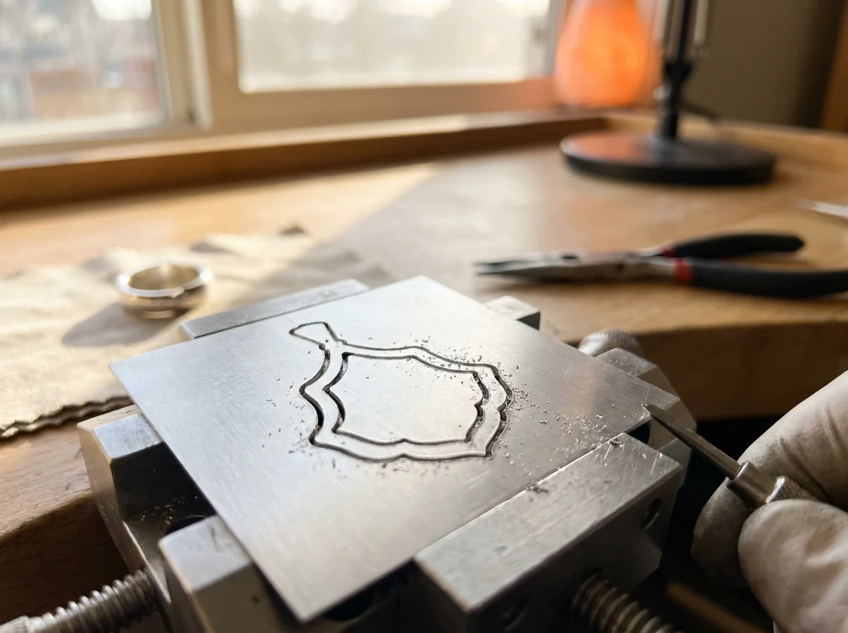 Thin sheet held flat in the cutting fixture with an outline cut through it