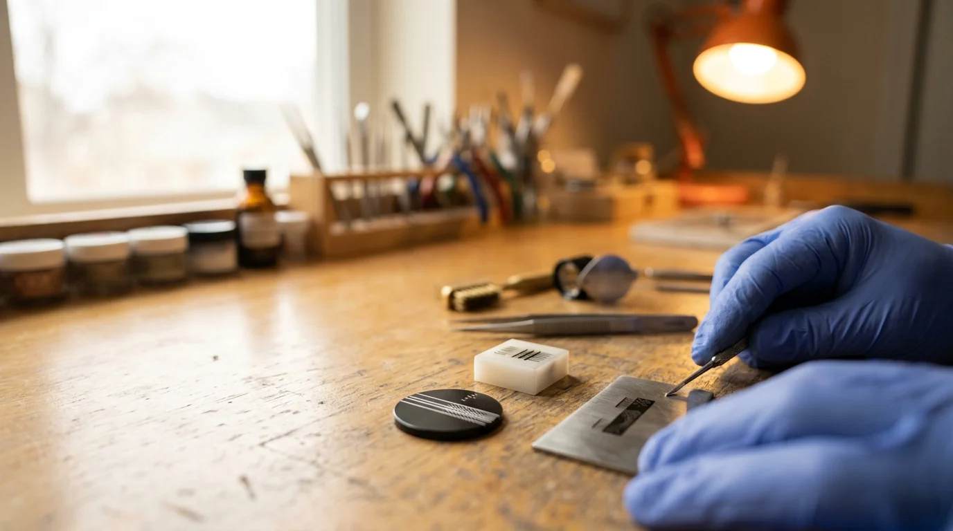 Marking test pieces in steel, painted surface and hard plastic