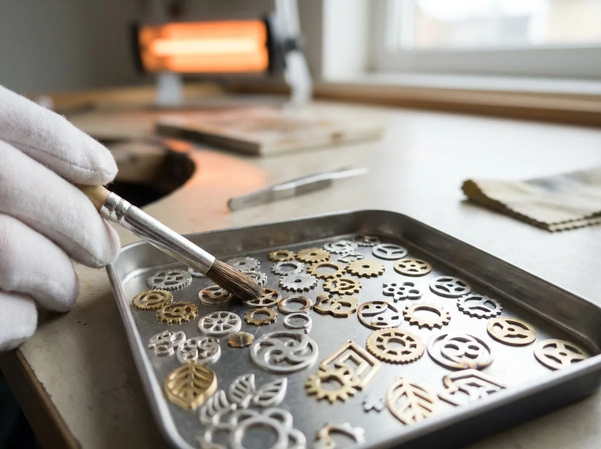 A tray of freshly cut thin-metal jewelry shapes