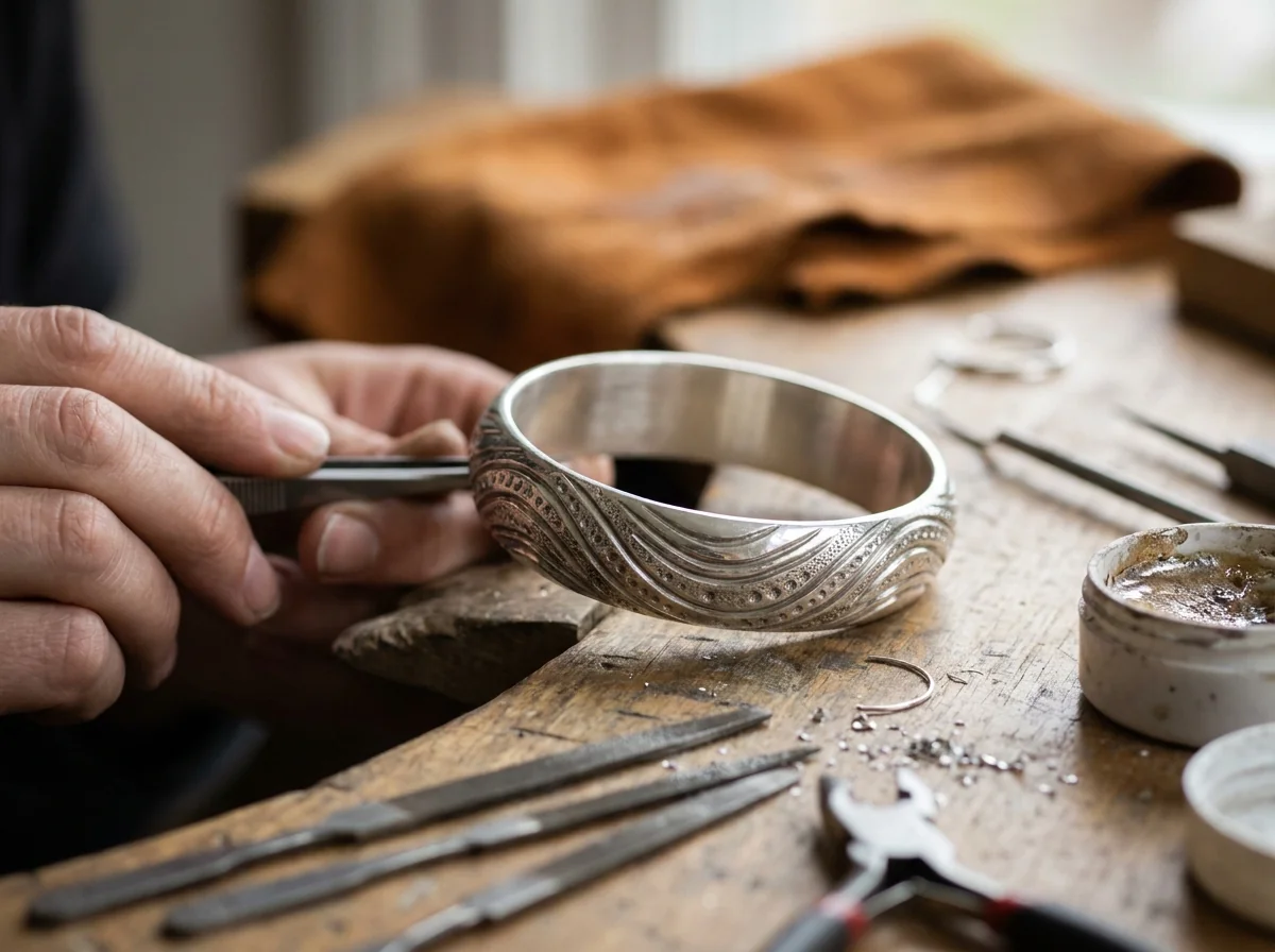A deep engraved texture around a silver bangle