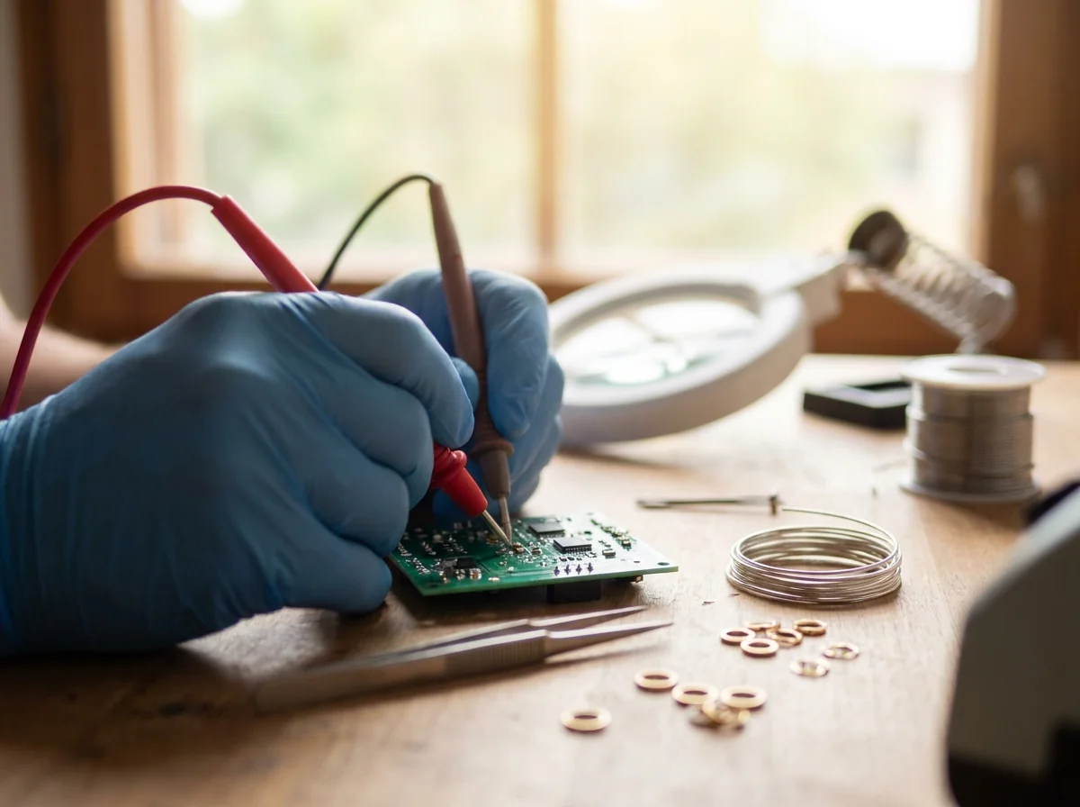 An inspector checking a power supply board before shipping