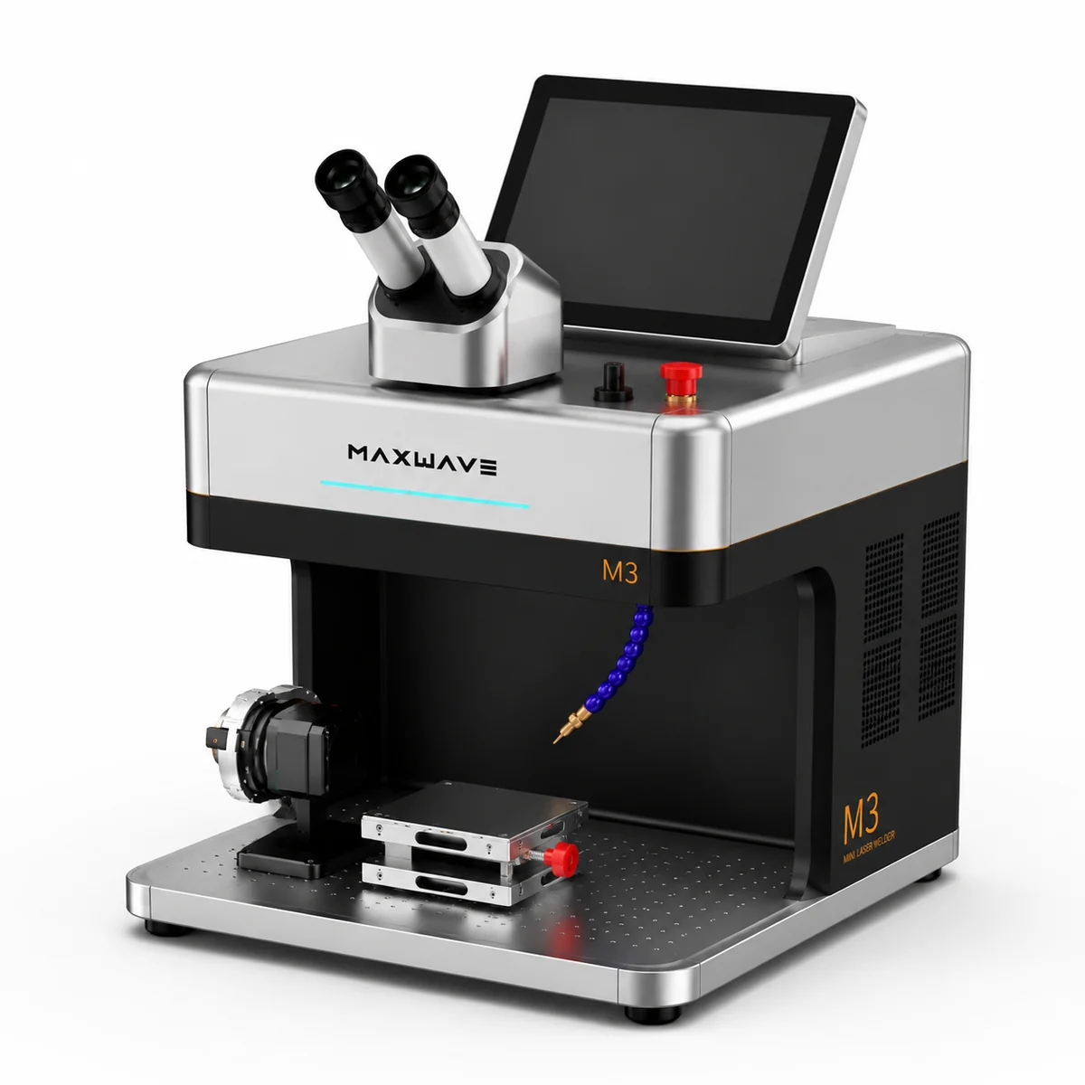Front right view of the 3 in 1 jewelry laser machine cabinet holding both fiber sources