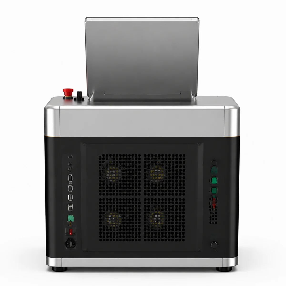 Rear of the 3 in 1 jewelry laser machine showing the full air cooling grille and four fans that replace a chiller