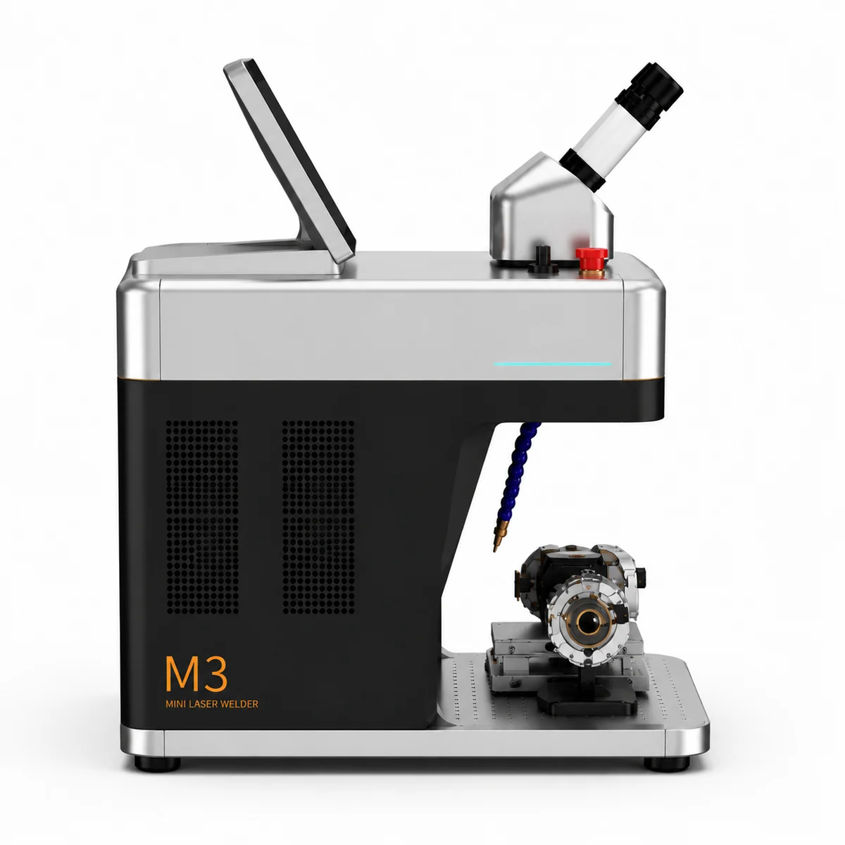 The rotary device mounted on the side of the 3 in 1 jewelry laser machine