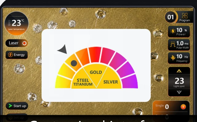 The welding interface on the M3 showing the material dial with gold, silver, steel and titanium presets